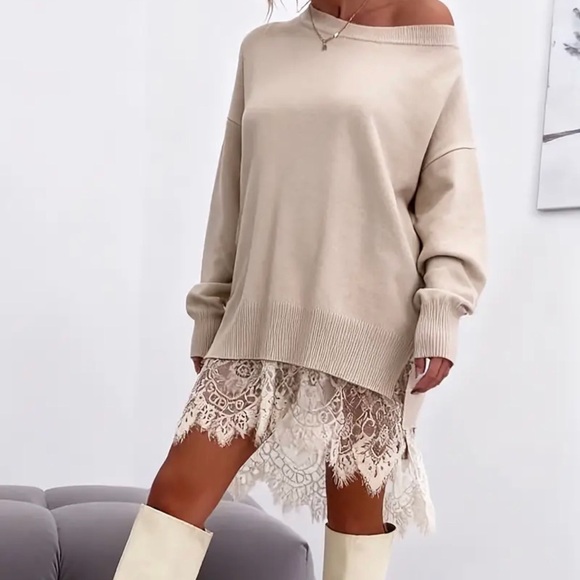 Beige Off-Shoulder Sweater Dress with Lace Trim - Picture 2 of 5